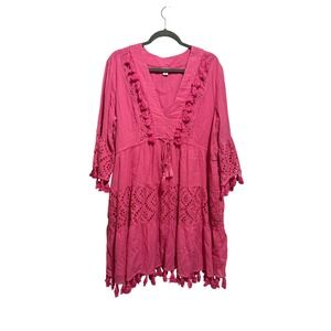 Sundance Dress Women Large Pink Cotton Eyelet Tassel Boho V-Neck Bell Sleeve